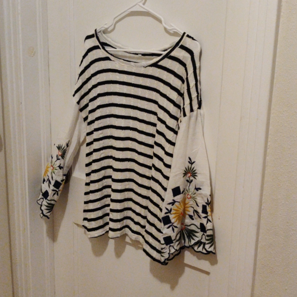 Navy white stripe embroidered Belle sleeve top